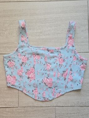SHEIN Light Blue Floral Corset Crop Top with Pink Roses